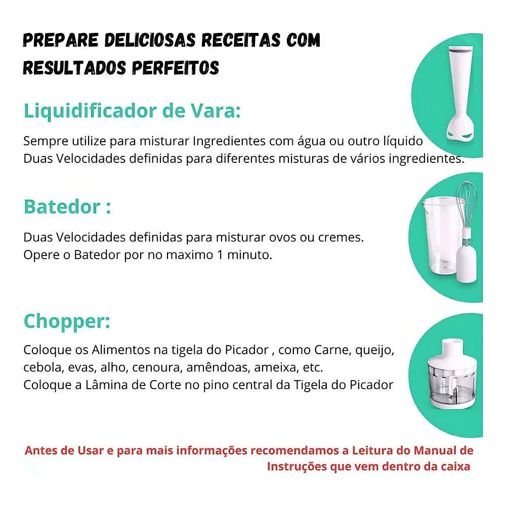 Mixer Portátil 3 em 1 com Batedor Potente, Triturador, 250W, Branco 110V