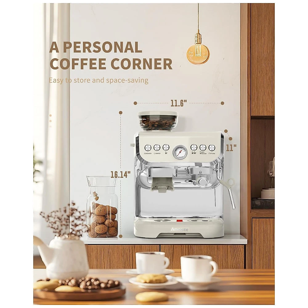Cafeteira Espresso Amaste 15 Bar com Moinho Integrado, Vaporizador, 2L Branco, Kit Barista, Pre-Infusão, AC-517EA 110V