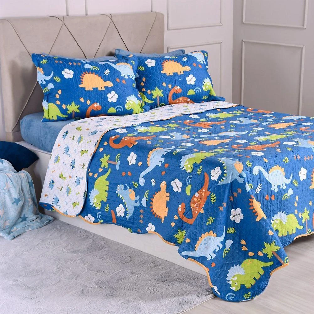 Kit Colcha Solteiro Ultra Lisse New Kids Rolinho 160x220cm 100% Poliéster Funny Dino Bene Casa