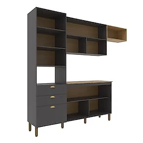 Armário de Cozinha Compacta 251cm Bartira Pérola 5 Portas 3 Gavetas MDP Finish Foil Grafite/Mel