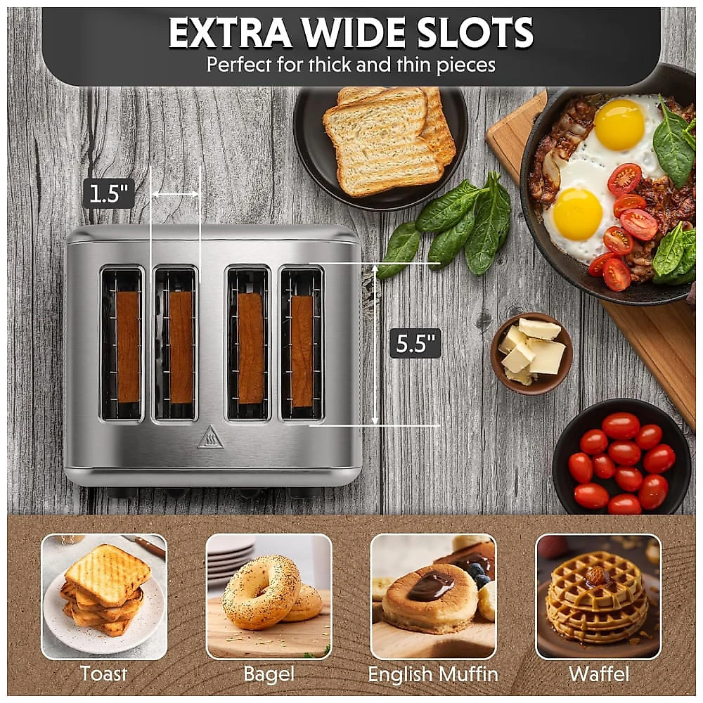 Torradeira BUYDEEM DT440 4 Fatias em Aço Inoxidável com Slots Extra Largos para Bagels e Muffins, Controle de Tostagem, Design Retro Prateado