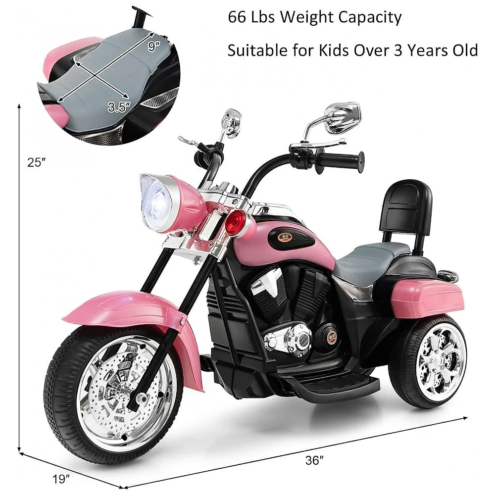 Moto Elétrica Infantil Chopper OLAKIDS Rosa 6V 3 Rodas de Treinamento Farol LED Buzina Suspensão Estrutura Metálica 3 km/h