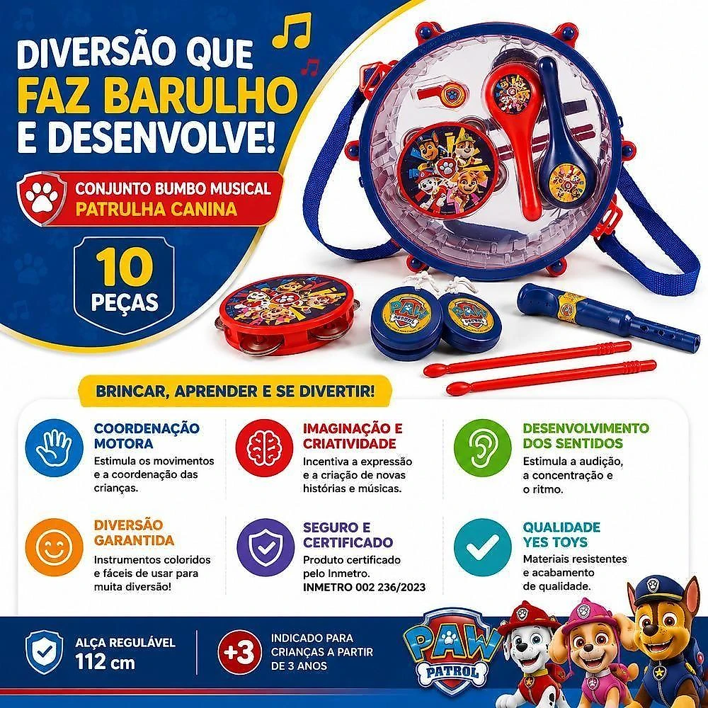 Conjunto Bumbo Musical Infantil Patrulha Canina Kit Completo 10 Peças Instrumentos Estilo Profissio