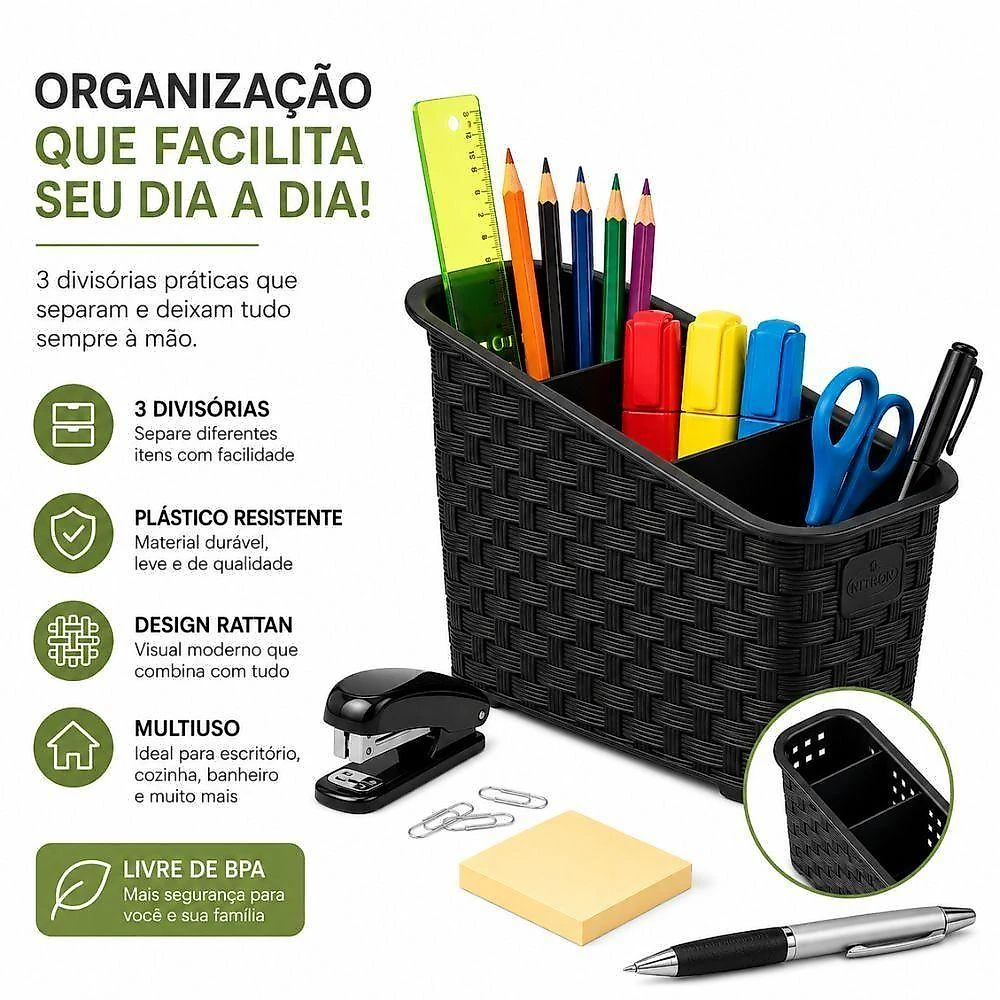 Organizador de Mesa Multiuso 3 Divisórias Plástico Estilo Rattan para Escritório Cozinha Preto