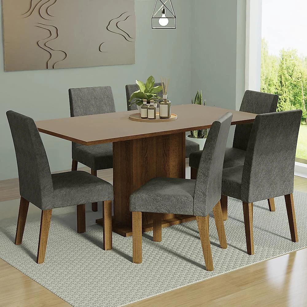 Conjunto sala de jantar mesa tampo de madeira 6 cadeiras silver renata madesa rustic/branco/silver
