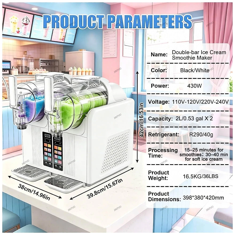 Máquina de Slush Raspadinha JINTVO Duplo Tanque 2L 7 Programas Auto Limpeza 430W Preta