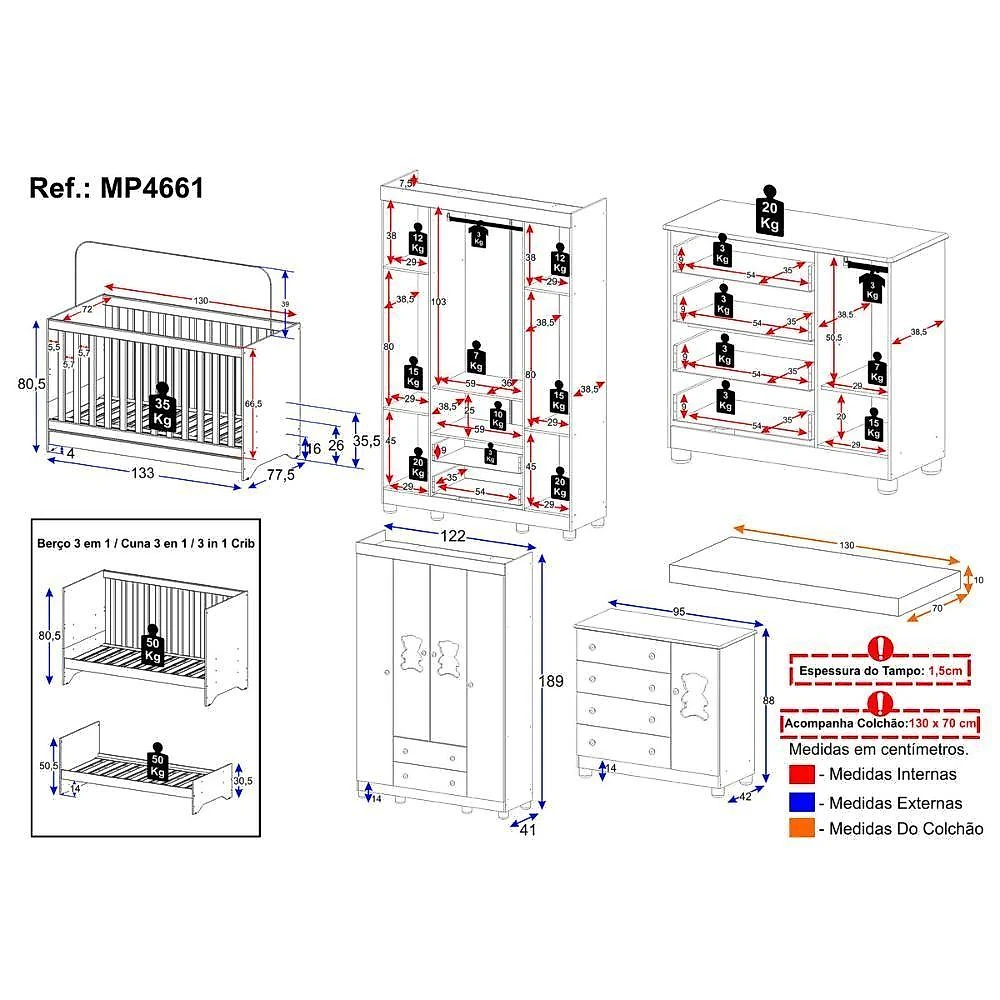 Quarto De Bebê Completo Berço Americano 3 Em 1 Colchão Fofura Multimóveis MP4661 Madeirado-branco