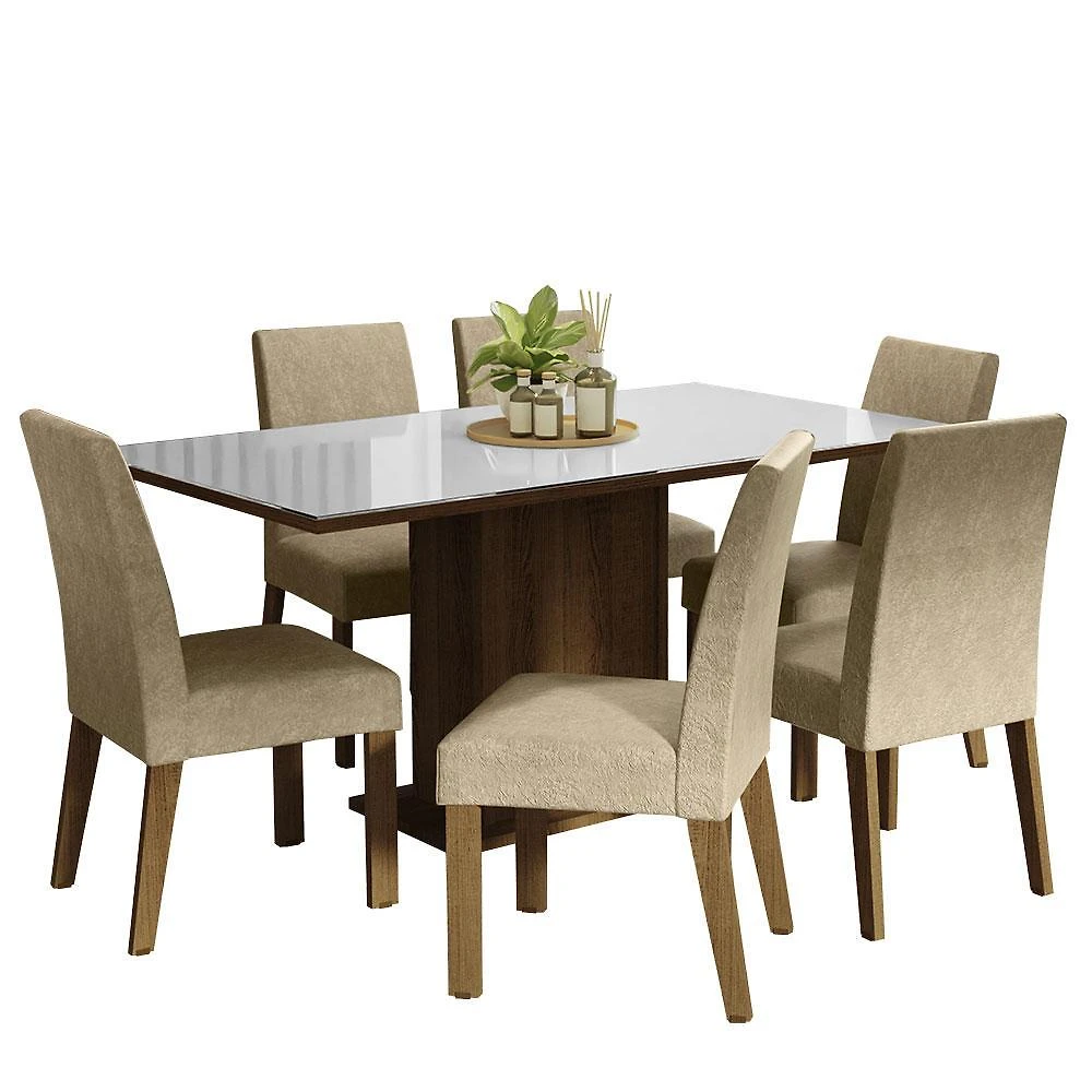 Conjunto sala de jantar mesa tampo de vidro 6 cadeiras rustic/branco/imperial alexis madesa