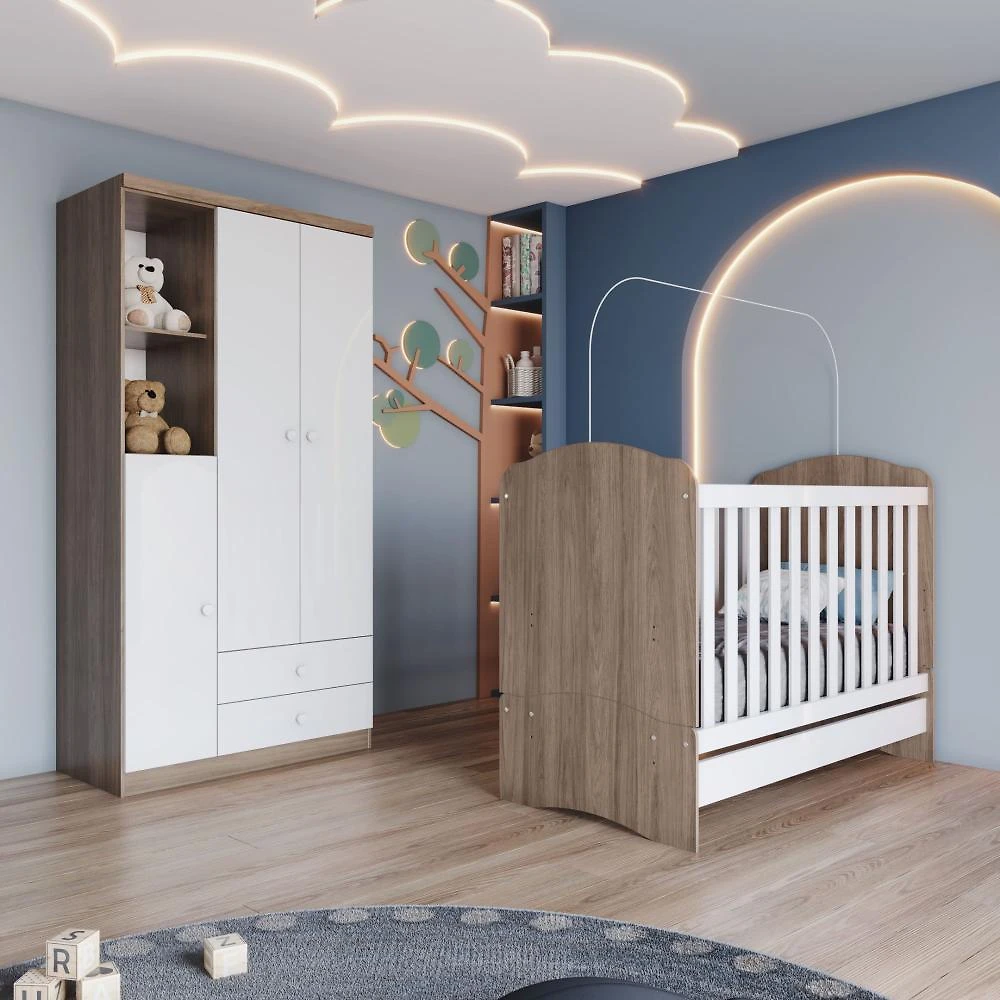 Quarto de Bebê Compacto com Berço e Guarda Roupa Lápis de Cor Espresso Móveis