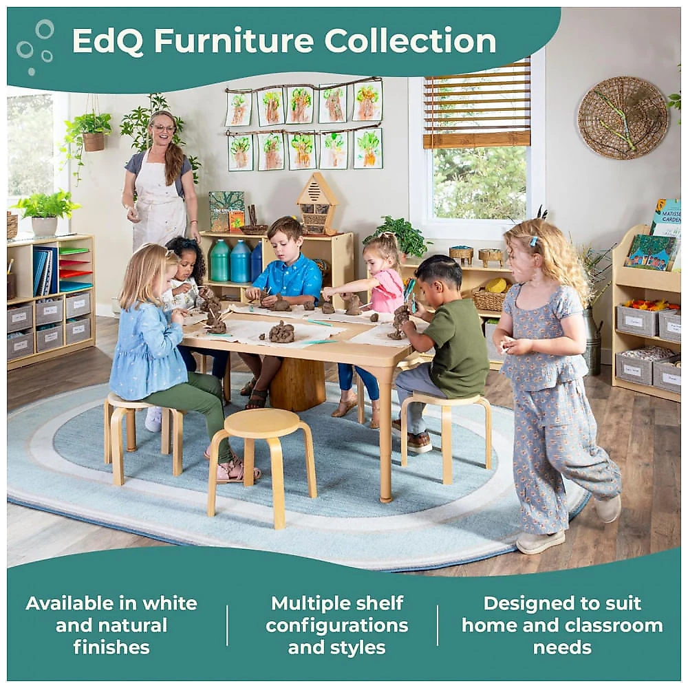 Estante baixa Guidecraft EdQ Two Shelf Open Storage 30" Natural com 2 prateleiras abertas e 3 caixas de tecido 107cm