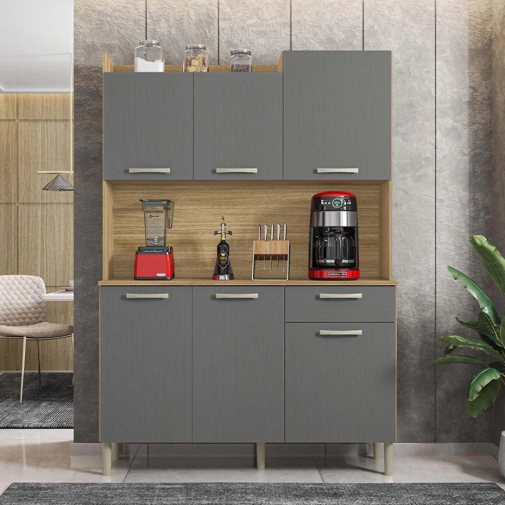 Armário De Cozinha Compacta 6 Portas 1 Gaveta Berlin - Freijó/gris