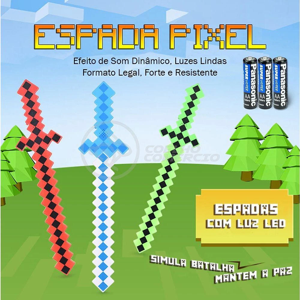 Kit Brinquedo Espada Pixel Minecraft 58cm C/Som Luz+3 Pilhas