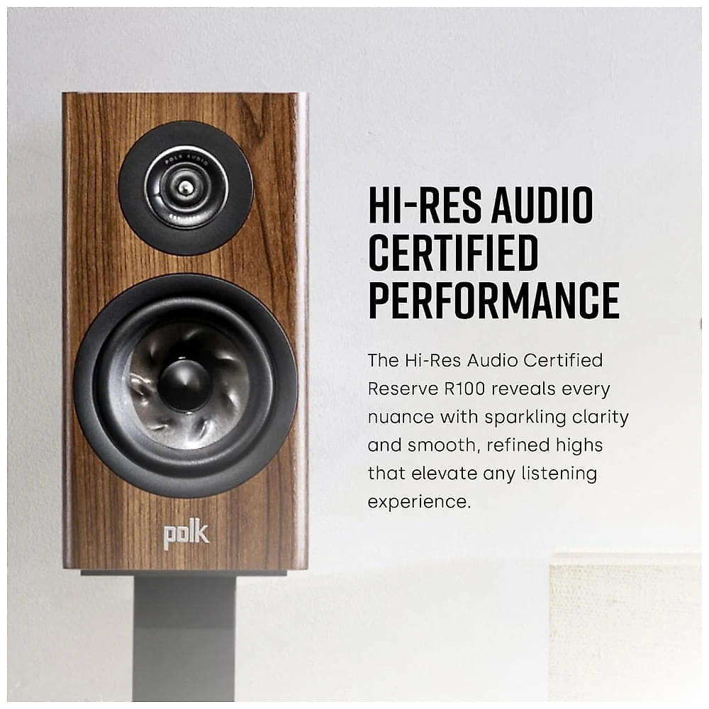 Caixa acústica bookshelf Polk Audio Reserve R100 nogueira, tweeter anelar 25 mm Pinnacle, woofer Turbine 133 mm, Hi-Res, Dolby Atmos e IMAX Enhanced