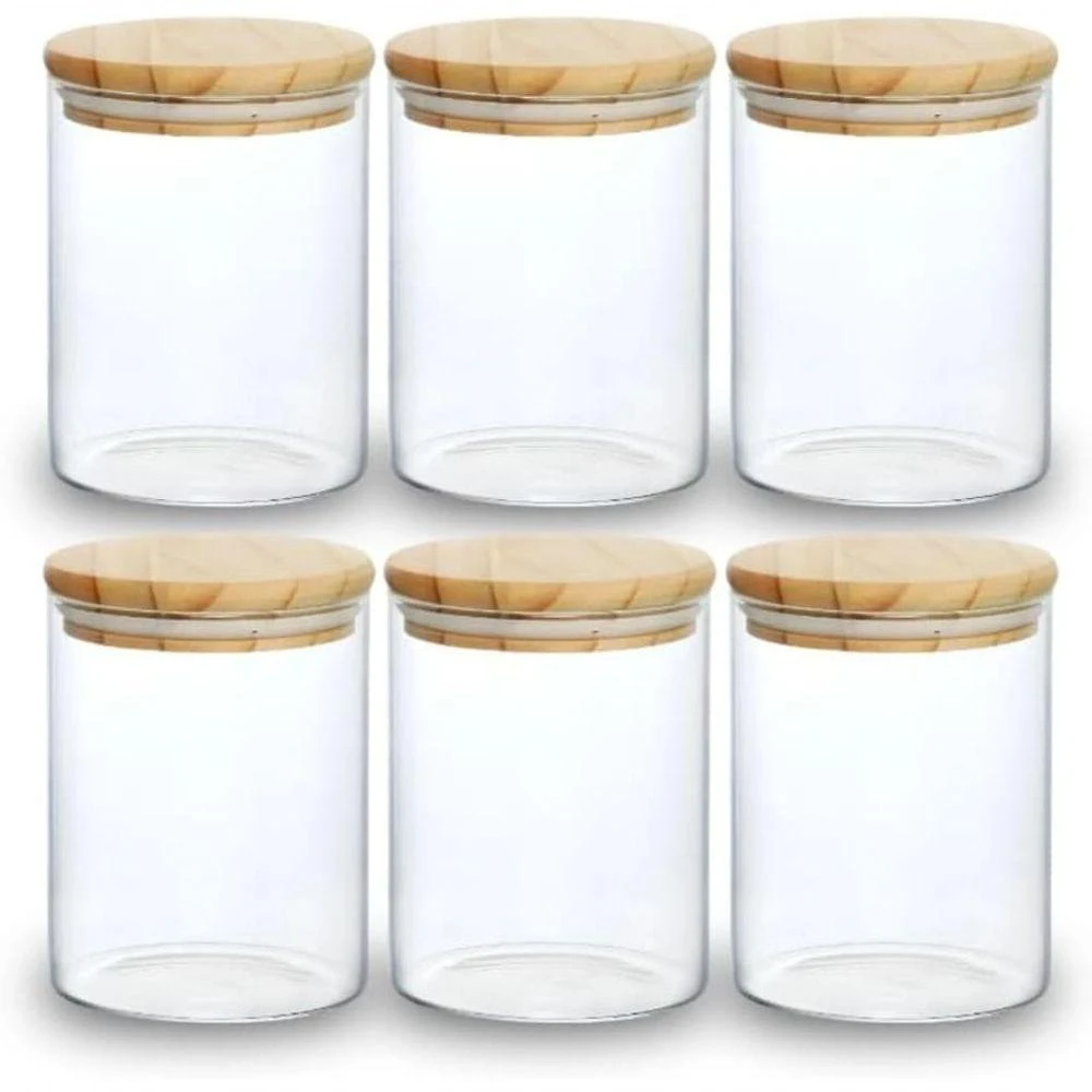 Kit 6 Potes de Mantimentos Redondo de Vidro com Tampa de Bambu Hermético para Temperos Grãos Café