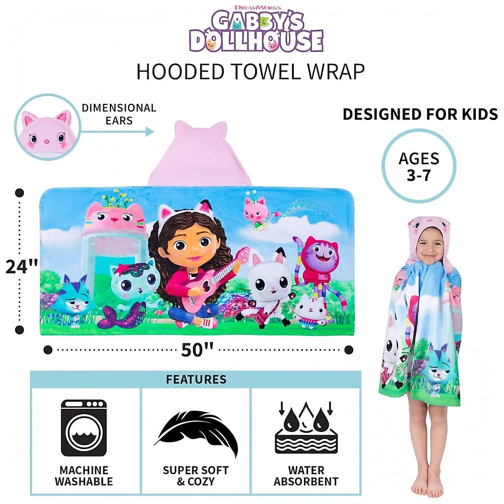 Toalha com Capuz de Algodão Macio Franco Kids DreamWorks Gabby's Dollhouse para Banho, Piscina e Praia, 61 cm x 127 cm