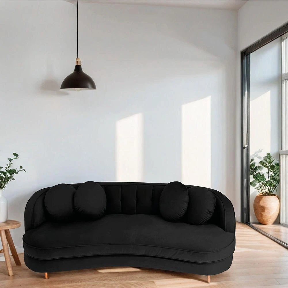 Miniatura Sofá Curvo 2 Lugares Orgânico Sala Recepção Escritório Decorativo Luxo Panamá 160cm Suede Cor Preto