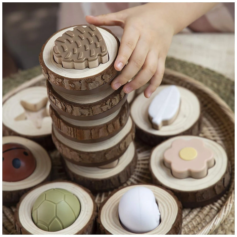 Quebra-cabeça sensorial Guidecraft Nature Feel and Find com 24 peças inspiradas em elementos da natureza e base em “cookies” de madeira