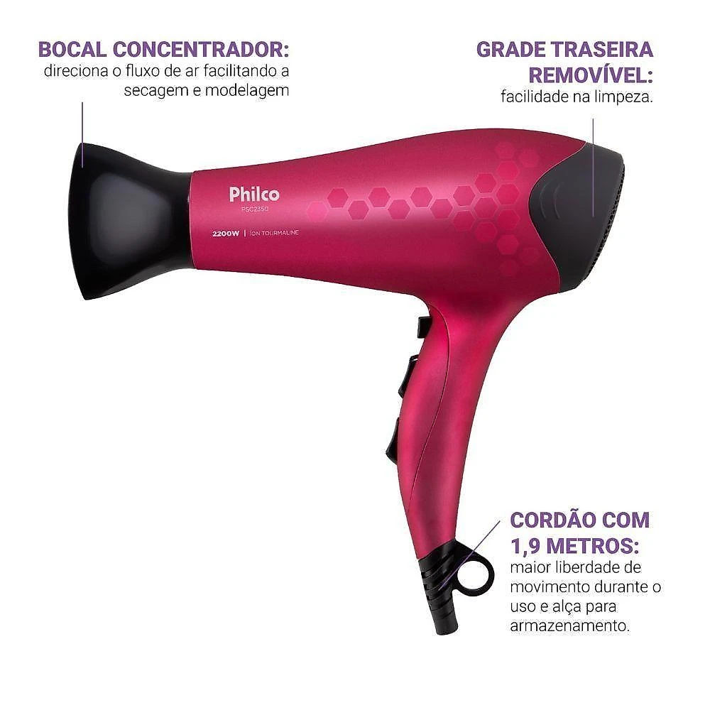 Secador de Cabelos Philco Cherry PSC2350 2200W Tourmaline 3 Temperaturas Rosa Bivolt