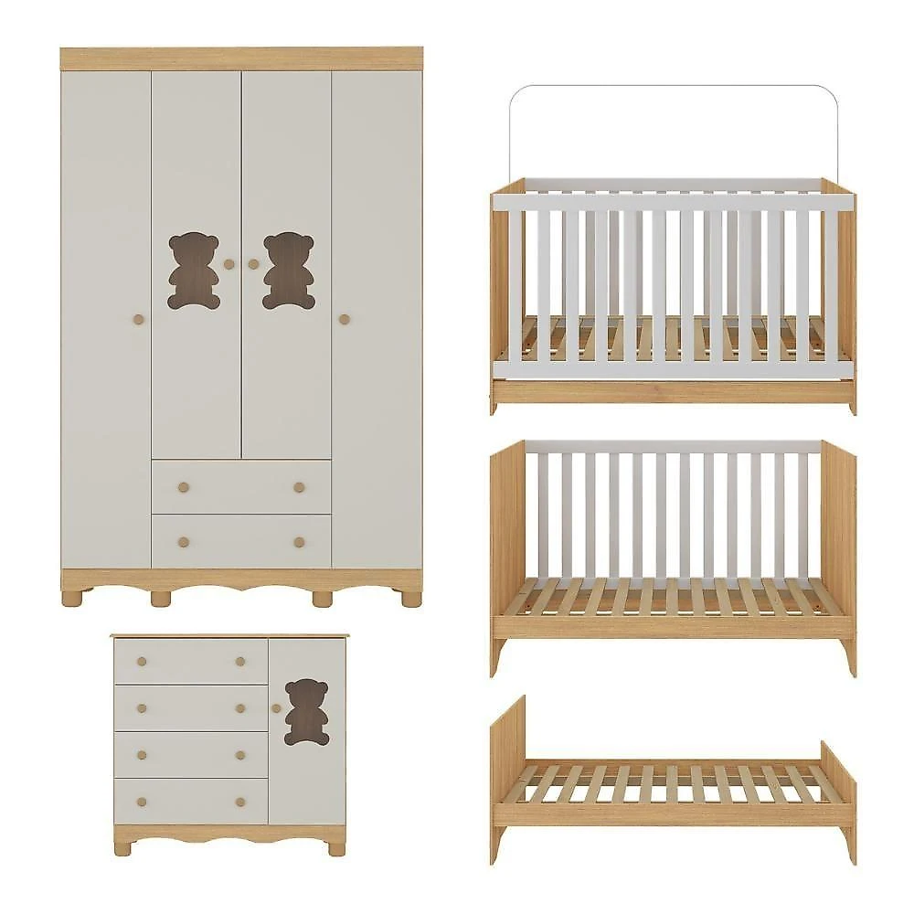 Quarto De Bebê Completo Com Berço Americano 3 Em 1 Ternura Multimóveis MP4647 Madeirado-off White