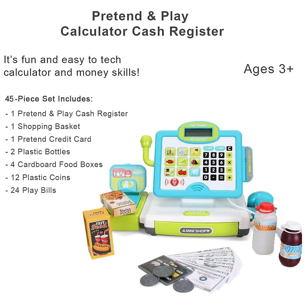 Caixa Registradora FS 45 Peças com Scanner, Microfone e Alimentos para Crianças 3-7 Anos
