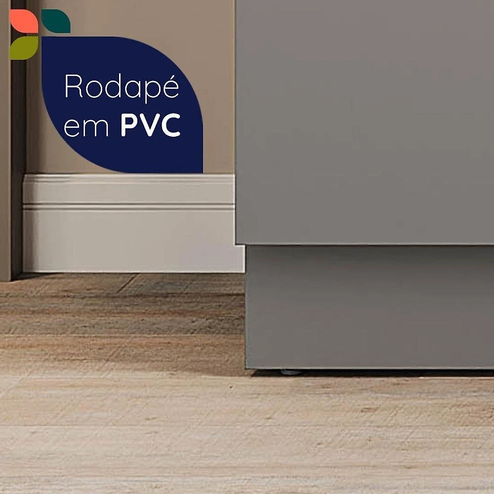 Paneleiro de Cozinha 70cm com Iluminação e com Rodapé 2 Portas com Vidro Lumina Cinza