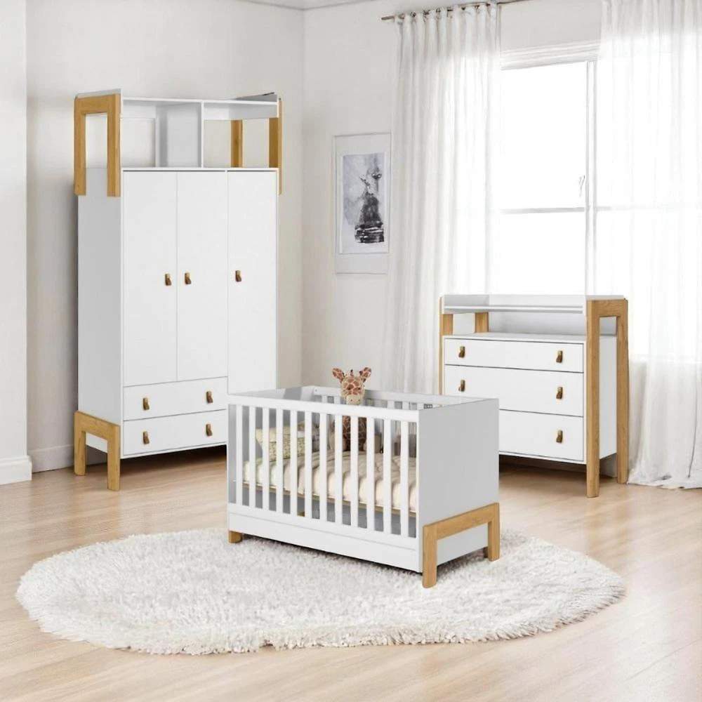 Conjunto Infantil Fantasia Branco Acetinado Berço Mini Camacômodaguarda-roupa 3 Portas 2 Gavetas