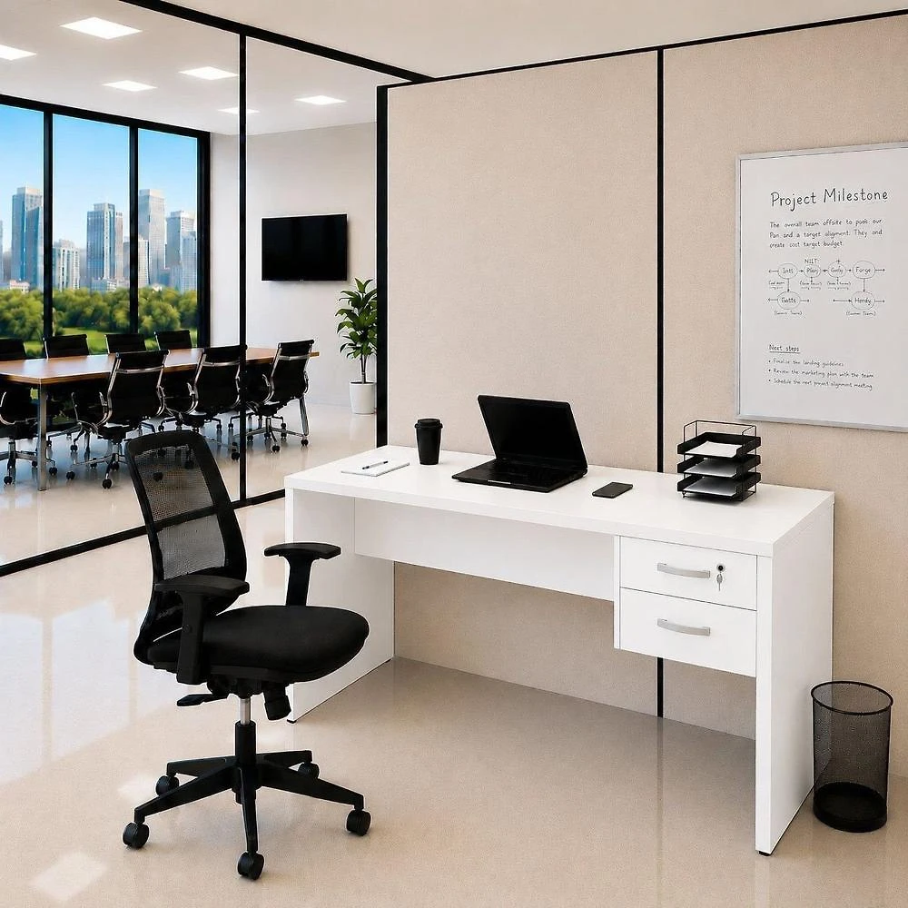 Conjunto Mesa de Escritório 160x60cm com 2 Gavetas + Cadeira Netflex Ergonômica Premium Reclinável
