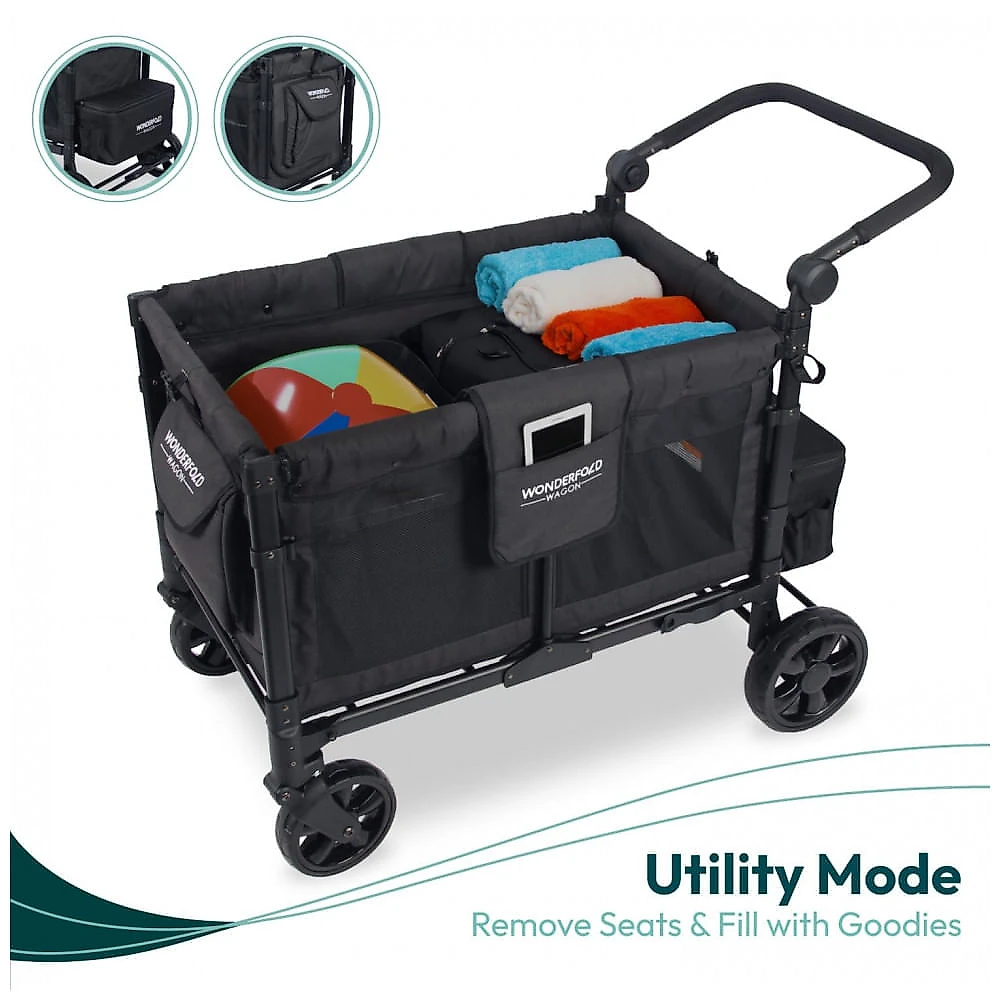 Carrinho de Passeio para 4 Crianças Multifuncional com Cobertura Removível e Dobramento, até 136 kg, WONDERFOLD W4, Cinza e Preto