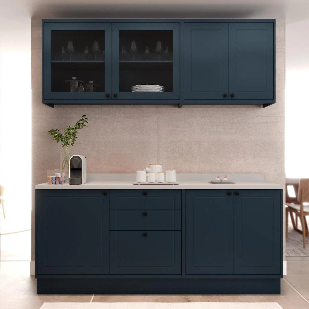Cozinha Compacta Modulada 7 Portas 3 Gavetas 100% Mdf 2 Tampos Sevilha Azul Órion