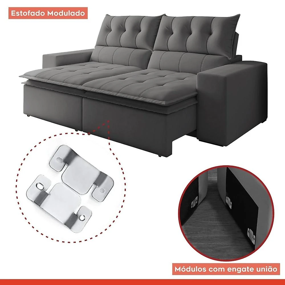 Sofá Retrátil e Reclinável 4 Lugares Pillowtop Duplo Paris Sofá Retrátil e Reclinável 4 Lugares Pillowtop Duplo M118 Veludo/Cinza