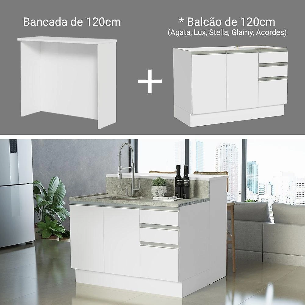 Ilha De Cozinha Com Bancada E Balcão 120 Cm Branco Glamy Madesa Branco
