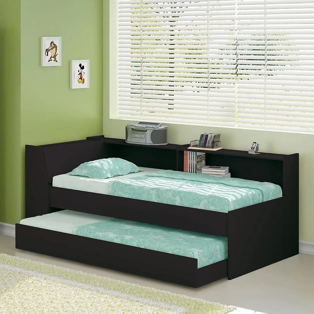 Bicama com Estante Solteiro BB2829 com Baú e Cama Auxiliar MDP-MDP Preto Ditália Móveis 219,6CM