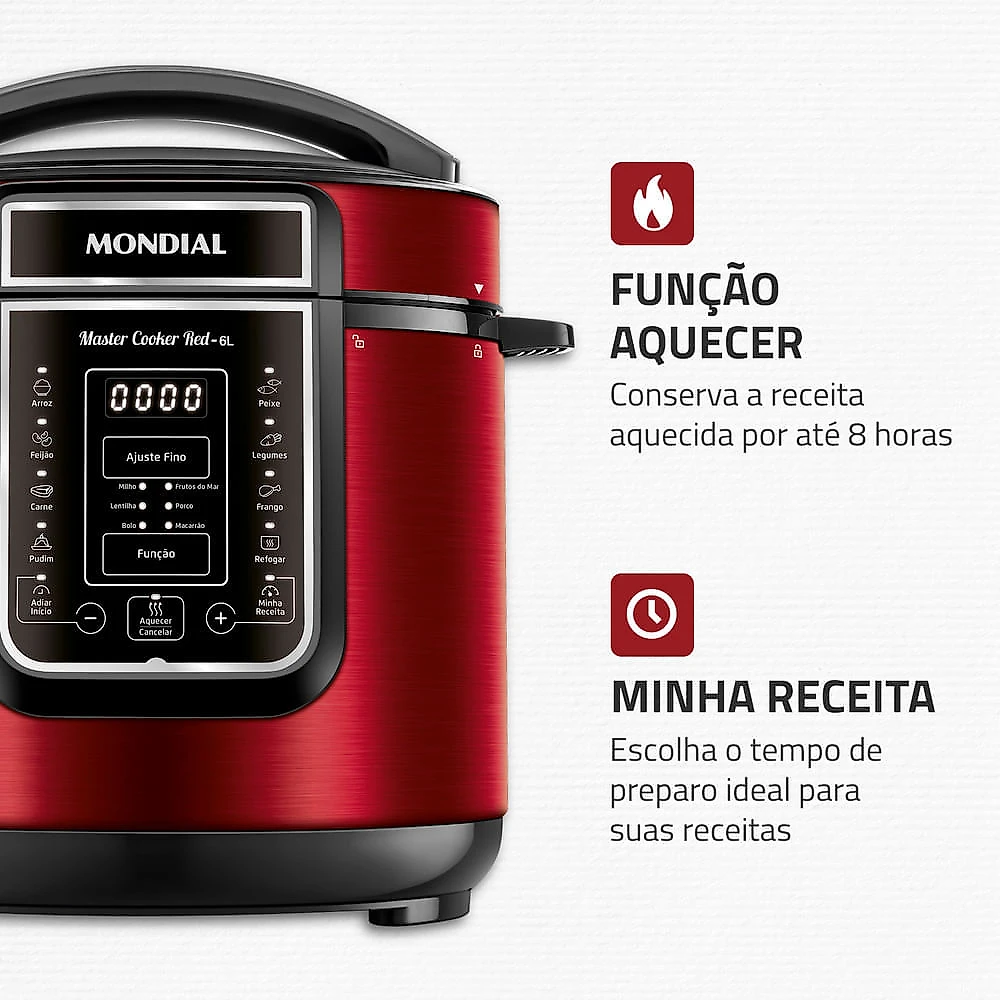 Panela de Pressão Elétrica Digital 6L, Mondial, Vermelho/Inox - PE-60-6L-RI PAN ELET.PRESS. PE-60-6L-RI 127V/60HZ