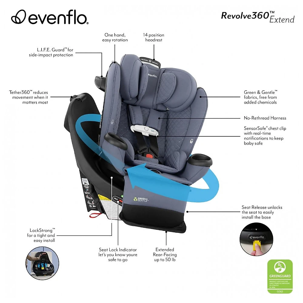 Cadeirinha Evenflo Revolve360 Extend Verde 3-em-1 Rotação 360° Recém-nascido a 54,4 kg brazilborder-0827000836459