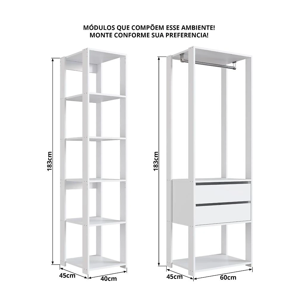 Guarda Roupa Closet 2 Peças com 1 Cabideiro 2 Gavetas e 6 Nichos Easy Prodecor Branco
