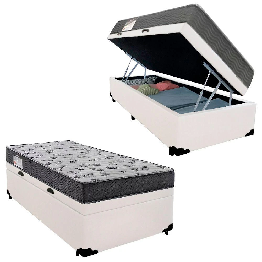 Cama Box Baú Solteiro Sintético + Colchão De Espuma D33 - - 88cm Branco