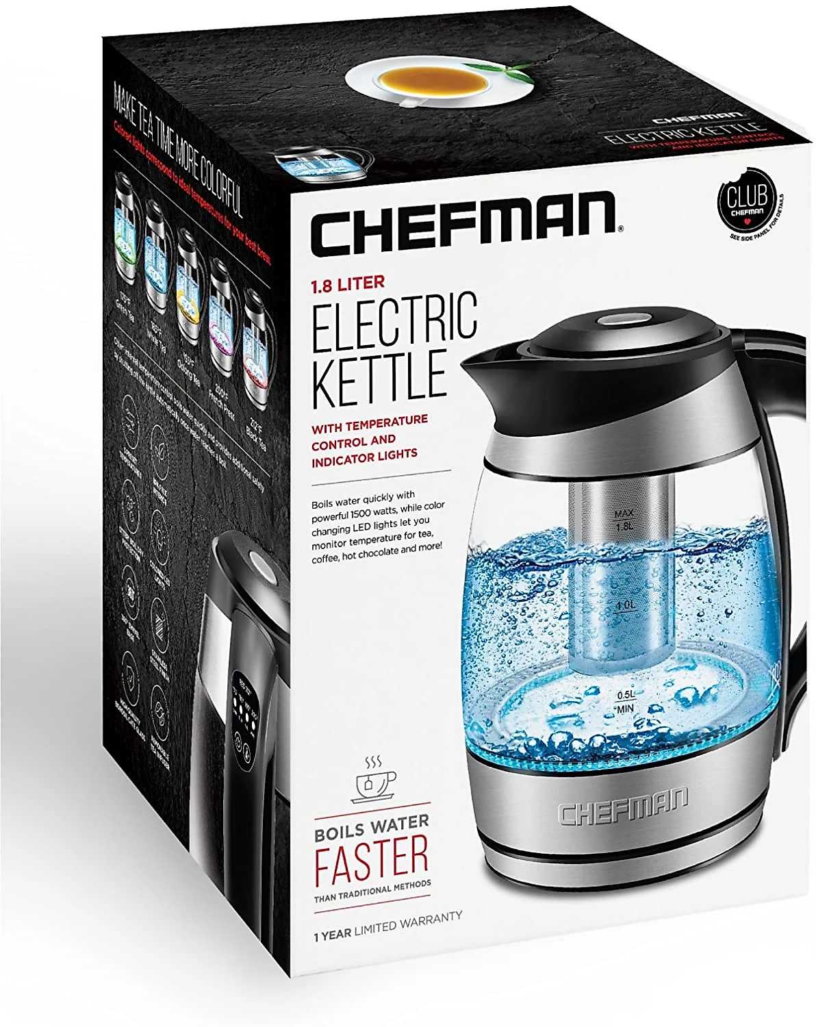 Chefman RJ1117CTI Chaleira Elétrica 18L cControle de Temperatura e Aço Inoxidável 1200W110V Preta