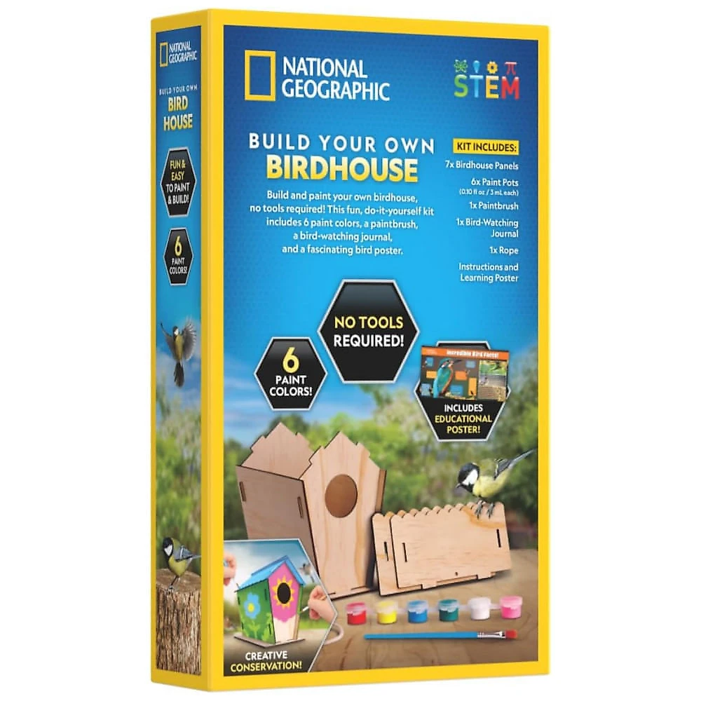Kit de Construção de Casa de Pássaros National Geographic Faça Você Mesmo - Artesanato de Casa de Pássaro de Madeira com Tintas, Pincel e Diário