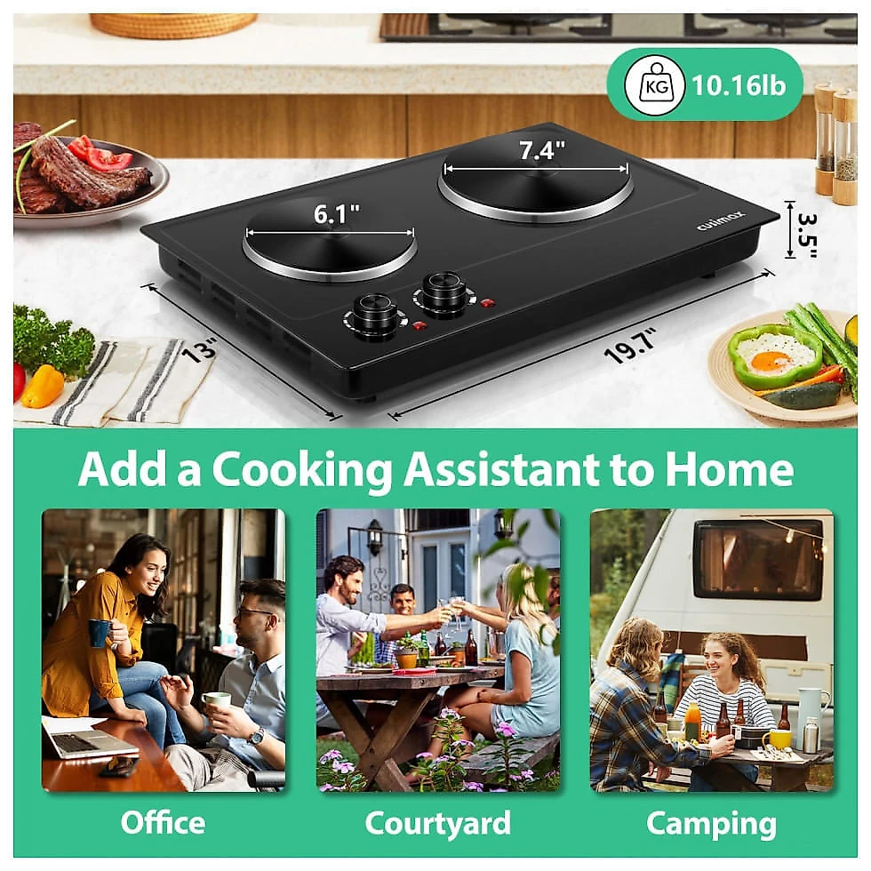 Cooktop Elétrico de Bancada com 2 Queimadores e Controle de Temperatura Ajustável, 110V 1800W, Cusimax, Preto