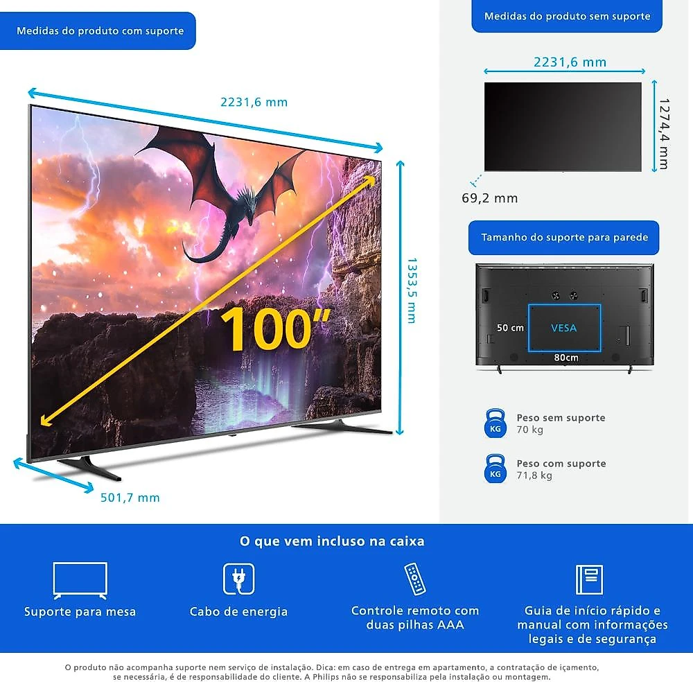 Smart tv 100” 4k philips 100mled801 qd miniled google tv 120hz dolby vision atmos