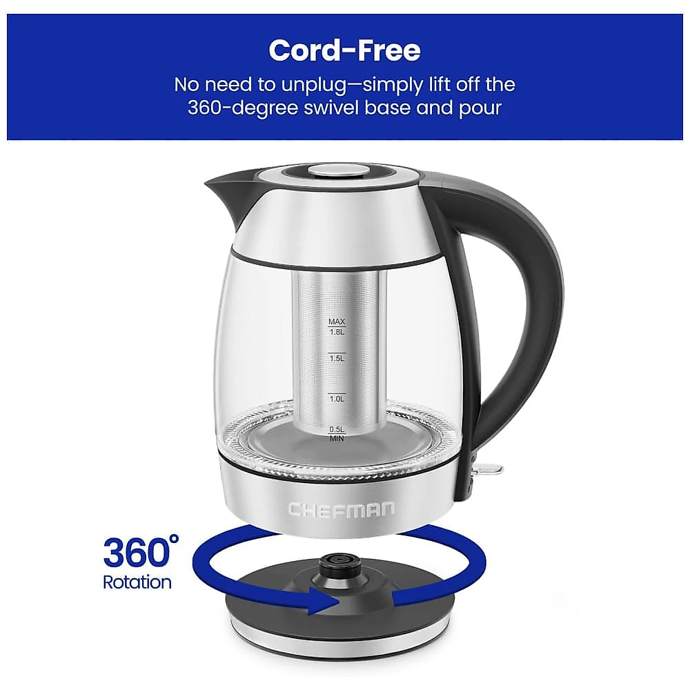 Chaleira Elétrica Chefman de Vidro 1,8L 1500W c/ Infusor de Chá, Manter Quente, Desligamento Automático e Proteção contra Fervura