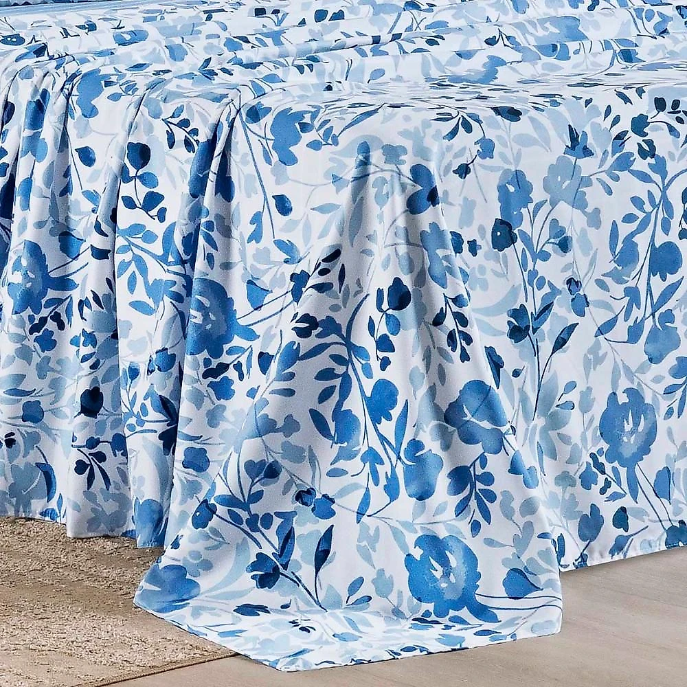 Jogo cama lençol belle casal padrão 400 fios estampado 4 peças florido azul