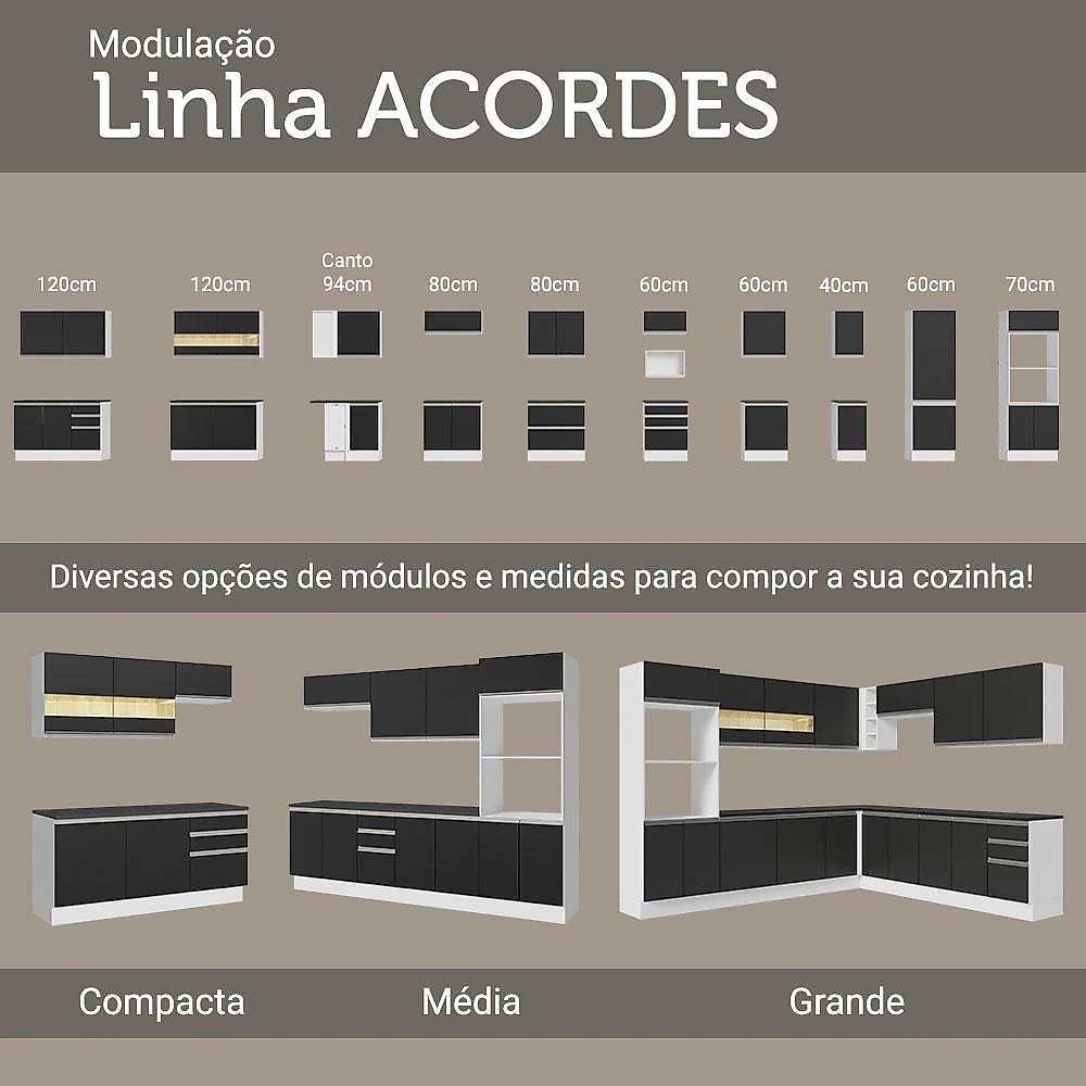 Armário de cozinha completa 100% mdf 310cm branco/preto acordes madesa 01