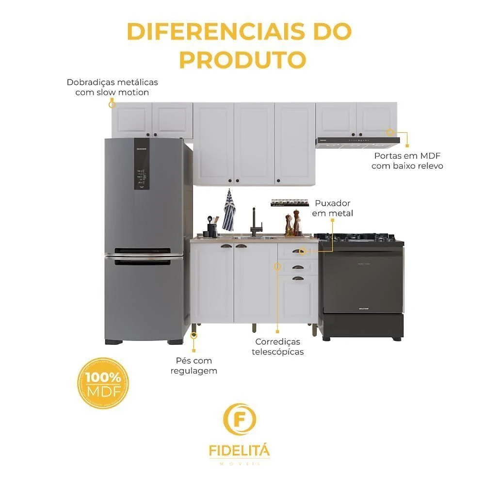 Armário de Cozinha Modulada Compacta Nara 10 Portas 2 Gavetas MDF Branco Fidelita Móveis