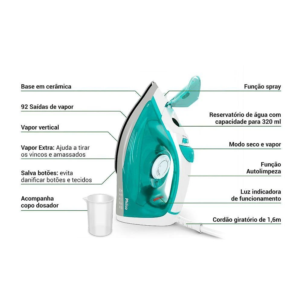Ferro De Passar A Vapor Philco 320ml Base Cerâmica PFV71 220V