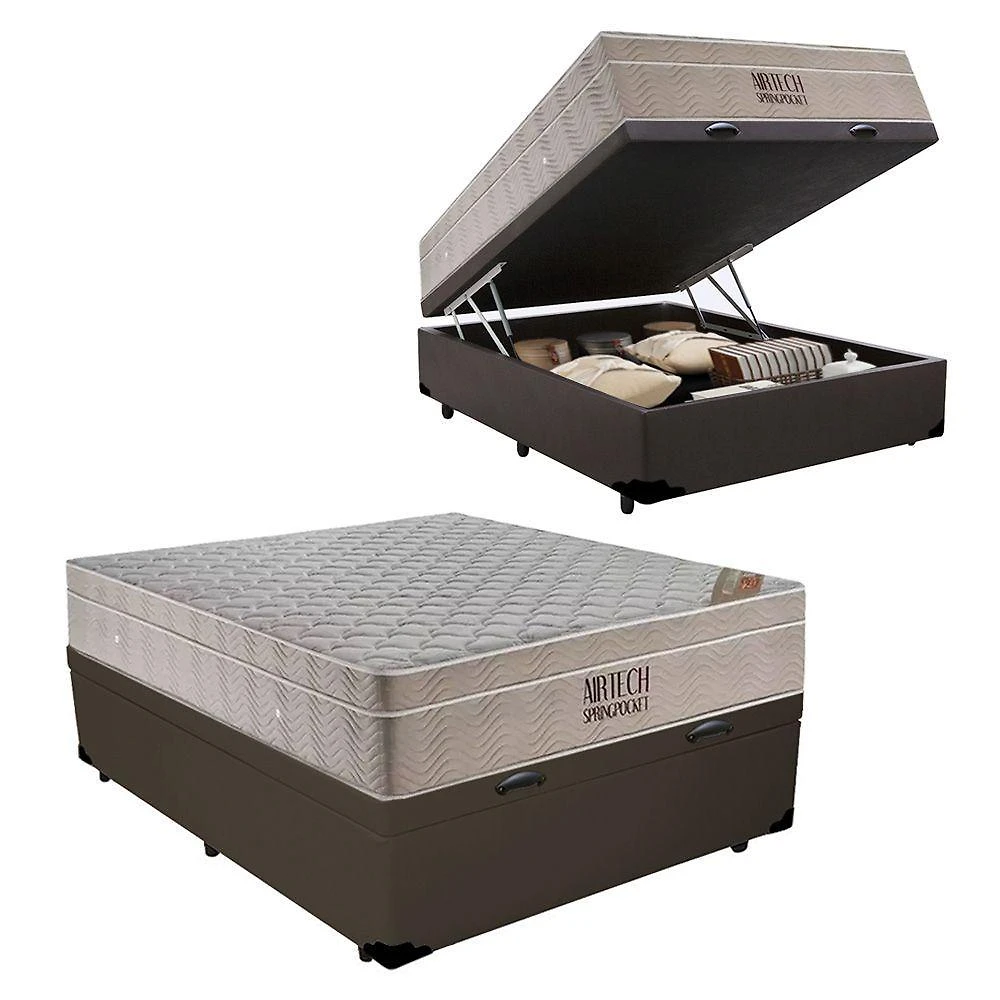 Cama Baú Casal Sintético + Colchão Casal Ortobom Airtech Molas Springpocket (65x138x188) Marrom