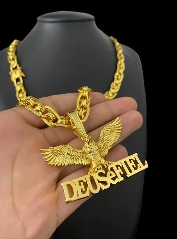 Miniatura Cordão Imperador 10Mm + Pingente Águia Deus Banhado A Ouro