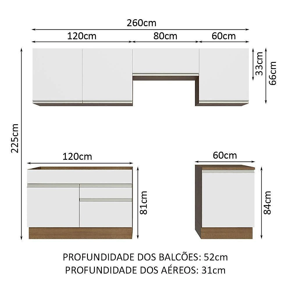 Armário De Cozinha 260Cm Glamy 04 Rustic/Branco
