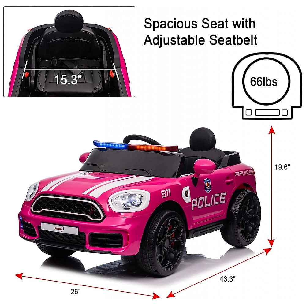 Carro Elétrico Infantil a Bateria Policial com Controle Remoto e Luzes, 12V, LUIBAS, Rosa 110v