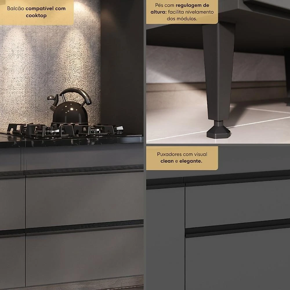 Cozinha Completa Modular Milano MP2399 8 Portas 2 Gavetas 251,5cm Cinza Grafite Multimóveis